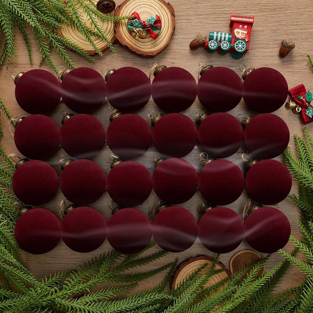24PCS Light Scented Velvet Christmas Balls Ornament Shatterproof Velvet Xmas Tree Baubles Hanging Pendant for Winter Party Holiday Home Gift Office Yard Decor(Burgundy,2.36'')