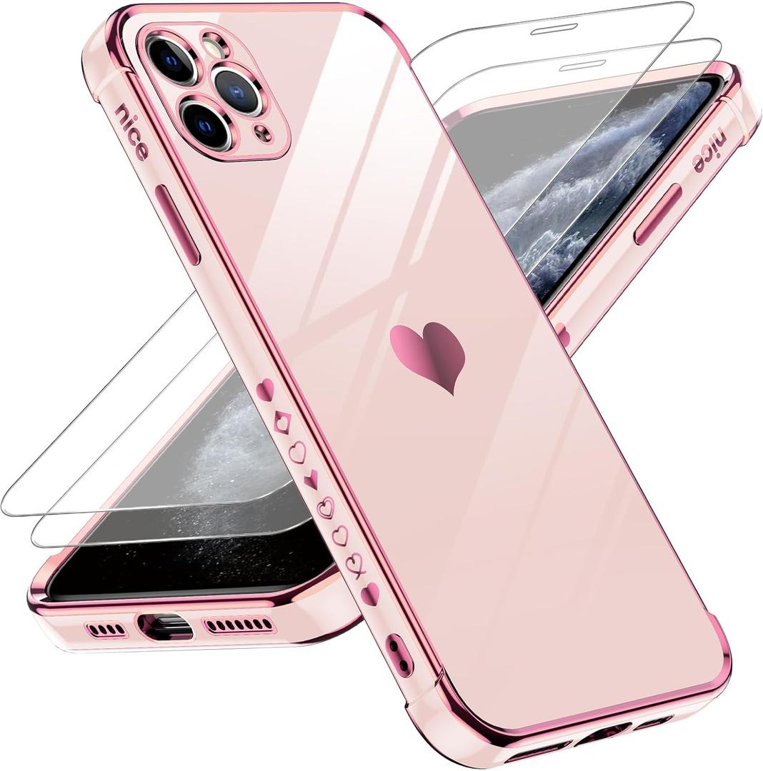 LeYi for iPhone-11-Pro Max Case: with Tempered Glass Screen Protector [2 Pcs]+ Full Camera Lens Protection,Love Heart Plating Girly Women Luxury Soft TPU Shockproof Case para i Phone 11 ProMax,Pink