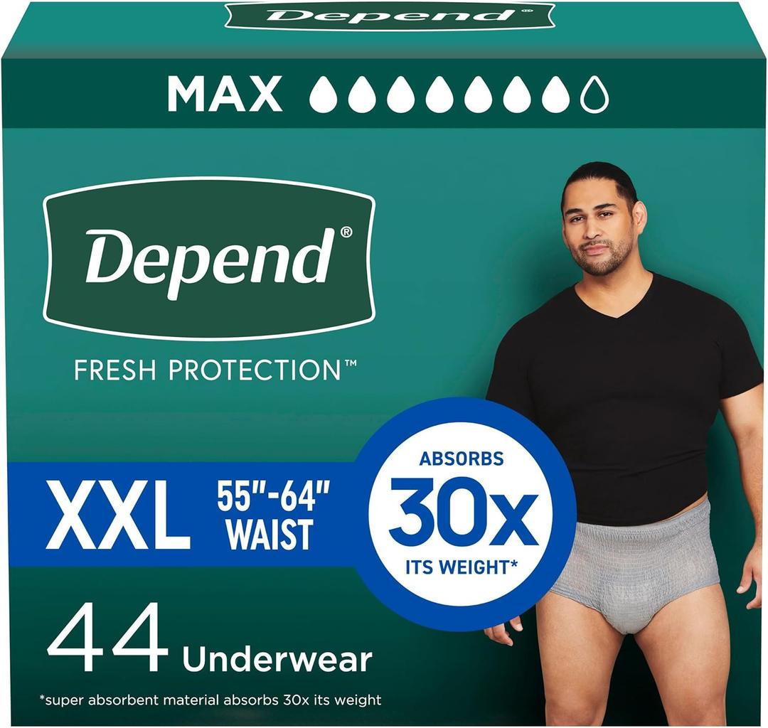 Depend Fresh Protection Adult Incontinence Underwear for Men, Disposable, Maximum, Extra-Extra-Large, Grey, 44 Count
