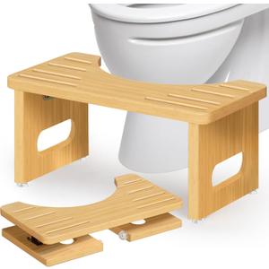 Foldable Toilet Stool, Bamboo Toilet Stool Squat for Adults, 7 Inches Poop Stool for Bathroom, Collapsible Potty Step Stool with Non-Slip Strip, Space-Saving, No Assembly (Natural)