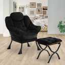 Lazy Chair with Folding Ottoman,Leisure Sofa Chair,Soft Fabric Armchair with Armrests and Side Pockets, Reading Chair with Footrest for Living Room, Bedroom, Office (Plush Black)