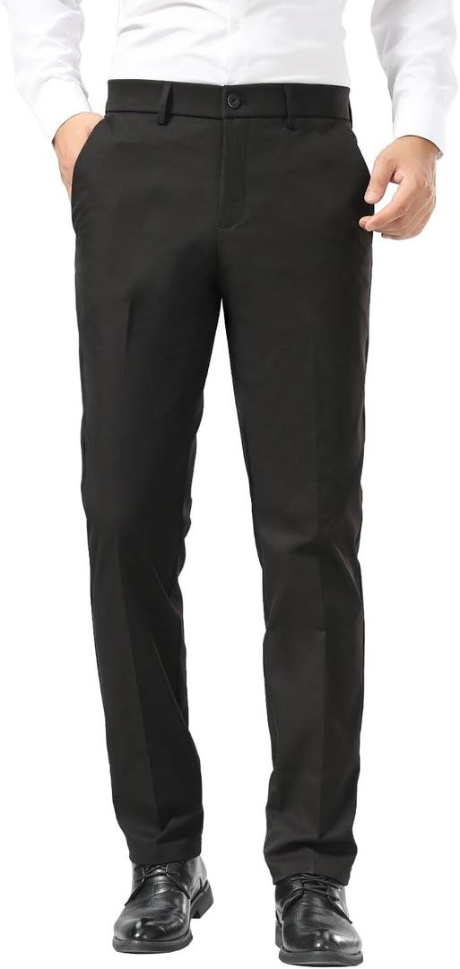 Plaid&Plain Men's Slim Fit Dress Pants Stretch Khaki Pants Wrinkle Free (32W x 30L, Black)