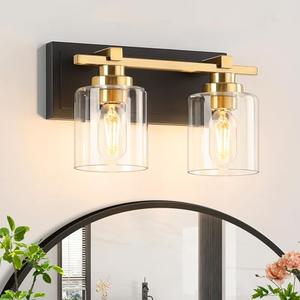 BrkNit 2 Light Modern Bathroom Light Fixtures Over Mirror, Black Gold Vanity Lights for Bathroom Wall Sconces with Clear Glass Shades, E26 Socket (Bulbs Not Included)