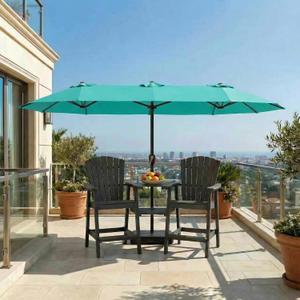 15FT Large Patio Umbrella with Base Included, Double Sided Outdoor Market Umbrella with Flexible Fiberglass Ribs, UV-Blocking Extra Large Umbrella for Garden, Pool, Deck, Turquoise Blue, Windproof Fiberglass