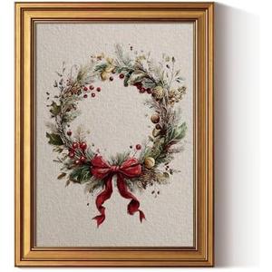 ARPEOTCY Gold Framed Canvas Wall Art, 12x16 Inch Vintage Christmas Wreath Print, Holiday Wall Decor with Red Bow and Greenery for Living Room, Entryway, or Festive Home Decoration