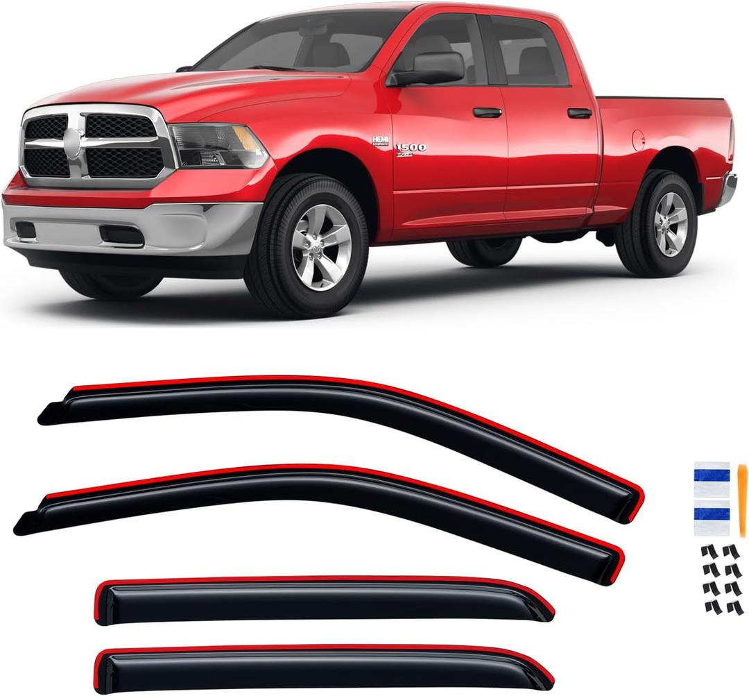 3 x in-Channel Rain Guards for 2009-2018 Dodge Ram 1500 Crew Cab, 2010-2025 Ram 2500 3500 Crew & Mega Cab, 2019-2024 Ram 1500 Classic Crew Cab, Window Visor Shields Vent Deflector Shade Wind Dark Smoke