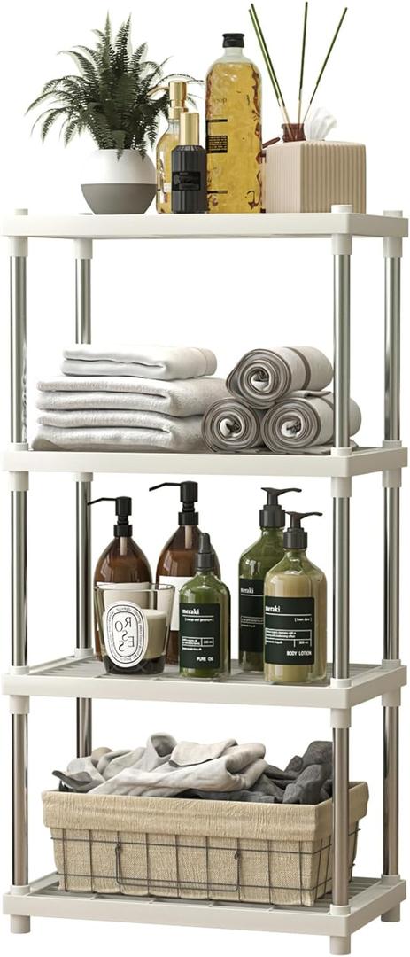4 Tier White Plastic and Metal Freestanding Shelf Bathroom Organizer, Shelving Unit Storage Rack Organizer for Home, Garage, Basement, Shed and Laundry Room