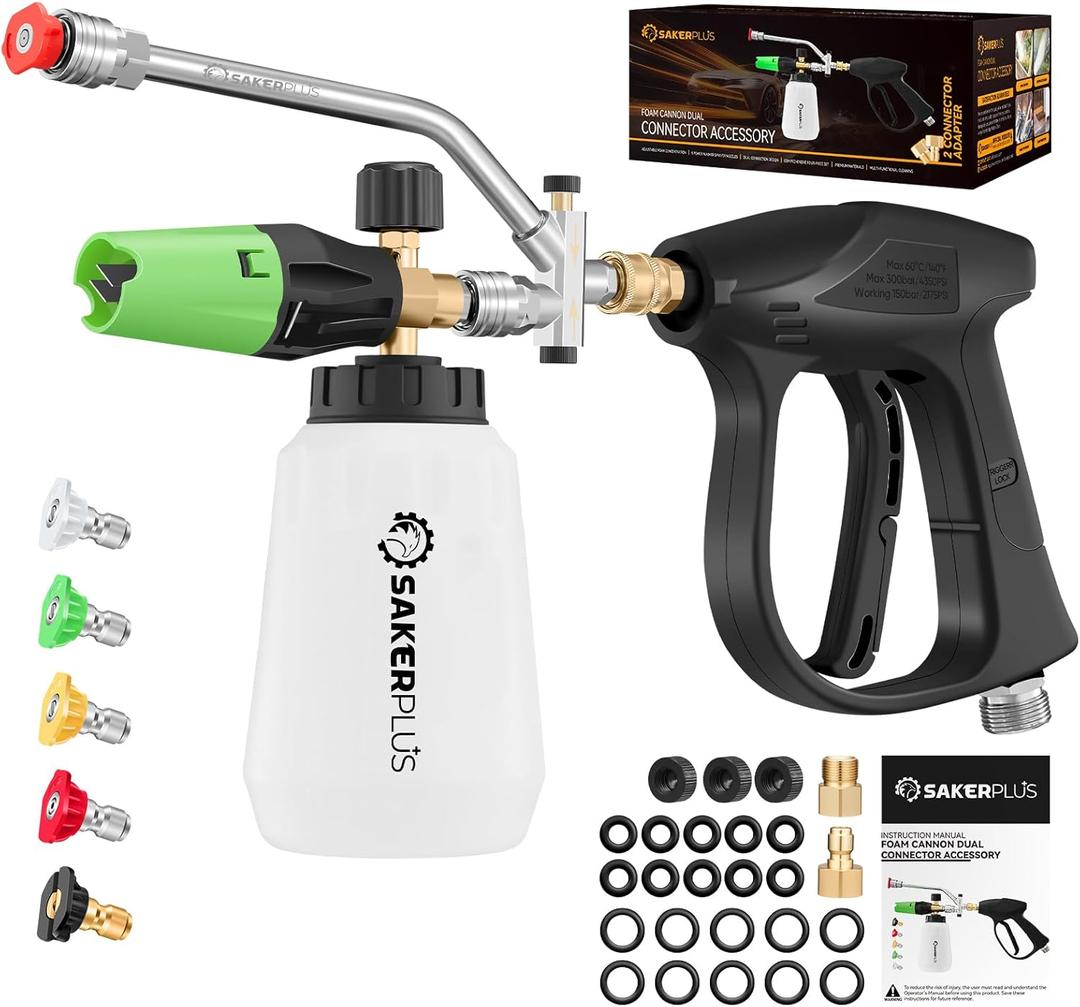 SakerPlus Foam Cannon Dual Connector Accessory,Pressure Washer Gun with Foam Cannon,1/4 Inch Quick Connector with 5 Power Washer Sprayer Nozzles,for Car Washing and Cleaning