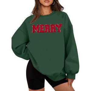 FASHGL Christmas Sequins Sweatshirts Women Merry Glitter Patch Crewneck Sweater Xmas Long Sleeve Pullover Top (Green, S)