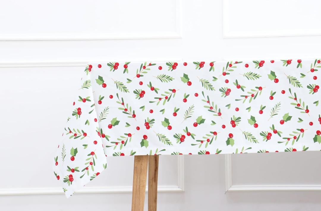 PurpleEssences Christmas Holly Mistletoe Tablecloths - Xmas Tree, Water Resistant 60 x 120 inch Table Cloth Washable Table Cover for Dining Holiday Decor - Red Green and White