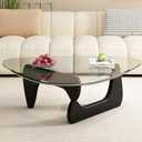 Mid Century Modern Coffee Table - Abstract Oval, Triangle Rustic Unique with Wood Legs, Black Transparent, 35.4in