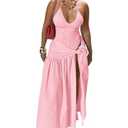 Two Piece Sets for Women Vacation Sexy Halter Backless Bodysuit and High Split Beach Wrap Pleated Skirt Set Pink M