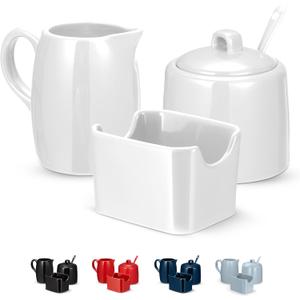 KooK Sugar and Creamer Set, 3 Piece, Pitcher, Sugar Bowl with Lid and Spoon, Sweetener Holder (White) (10 Oz)