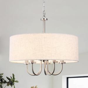 Drum Modern Chandeliers for Dining Room Light Fixture 5 Lights Brushed Nickel Chandelier with Linen Lampshade 19 Farmhouse Chandelier Large Pendant Lighting Fixtures for Foyer Entryway Kitchen