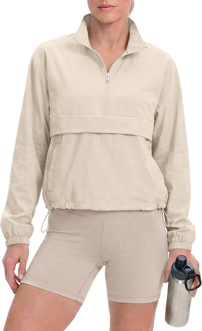 Women's Lightweight Half Zip Athletic Jacket Cooling Long Sleeve Running Workout Cropped Jacket Outdoor Tops Beige M