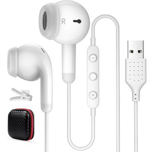 USB Earbuds for PC,Headphones with Microphone for Computer,Wired USB Headset with Mic Audio Control Noise Isolating Stereo Laptop Earphones for Dell for HP for Surface Switch Office Zoom Working White