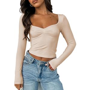 Women Sweetheart Neckline Basic Fitted Tops Long Sleeve Going Out Crop Tops Ruched T Shirts (Brown, M)