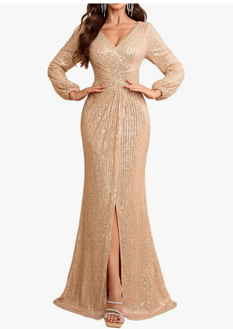 Women's Sexy Long Sleeve V Neck Sequin Long Formal Party Dress Evening Gown, L