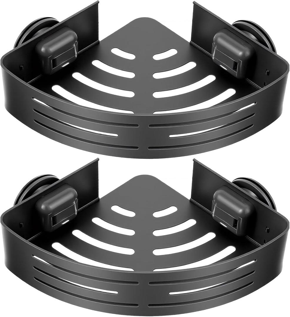 2 Pack Corner Shower Caddy Suction Cup Rust-proof aluminum alloy With 4 hooks No drilling required Removable Waterproof Bathroom Storage Rack for Shampoo, Shower Gel, Razors (gunmetal gray)