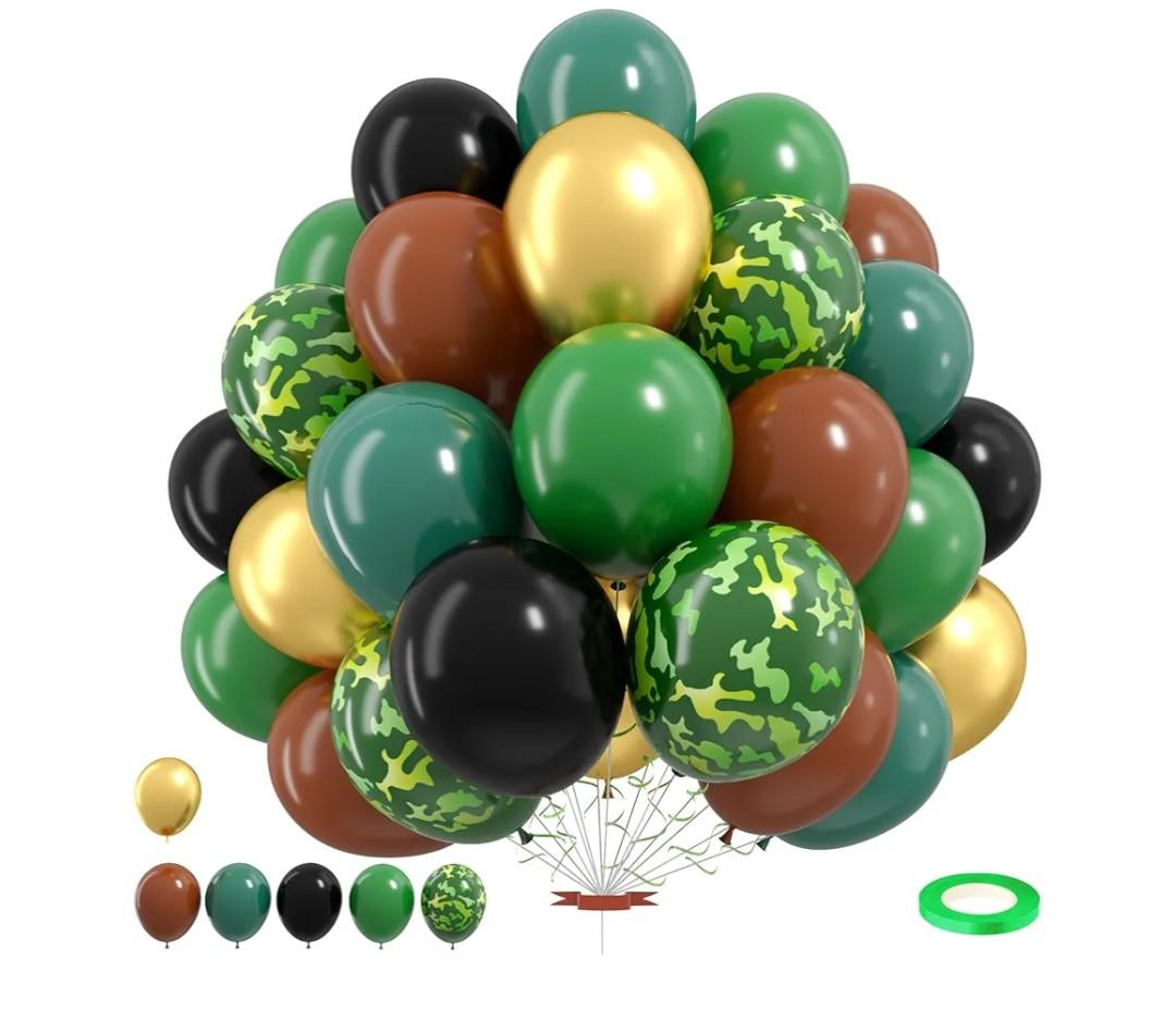 2 x Green Brown Camo Balloons,12 Inch Dark Green Black Metallic Green Gold for Camping Jungle Army Theme Birthday Baby Shower Party Decorations