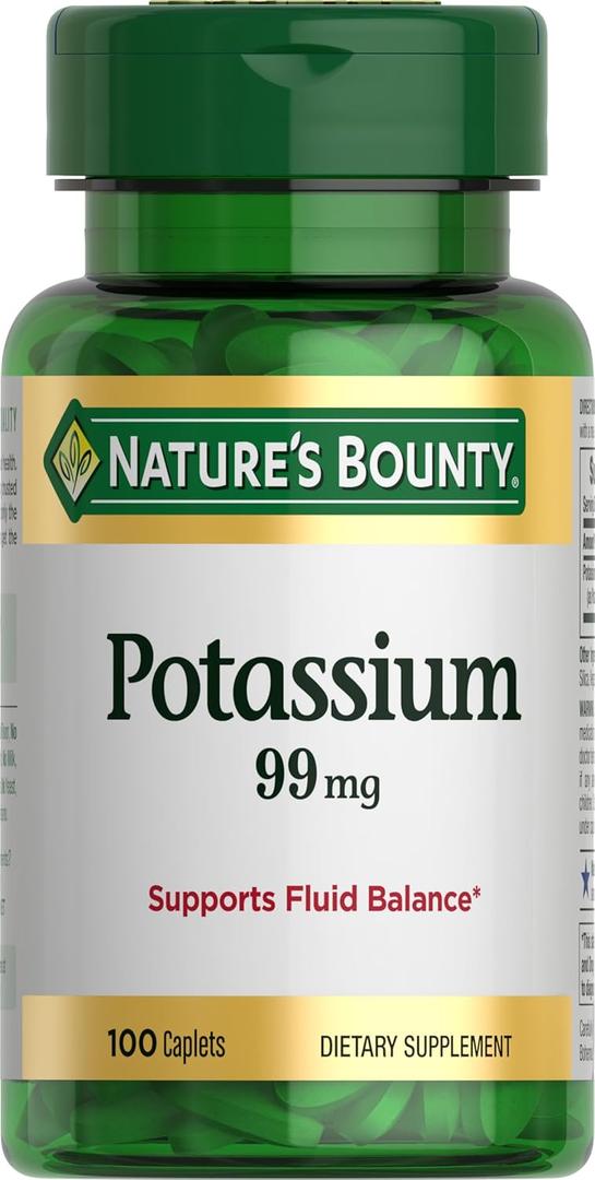 Nature's Bounty Potassium 99mg, Supports Fluid Balance and Muscle Activity, Involved in Normal Heart Function, Potassium Gluconate Dietary Supplement, Gluten Free, 1 Per Day, 100 Vegetarian Caplets (EXP 07/01/27)