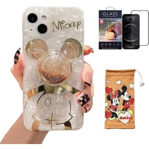 Cartoon Case for iPhone 15 Plus 6.7" with HD Screen Protector, Mickey Mouse with Quicksand Cell Phone Holder Strap Soft TPU Shockproof Protective for Girls Women