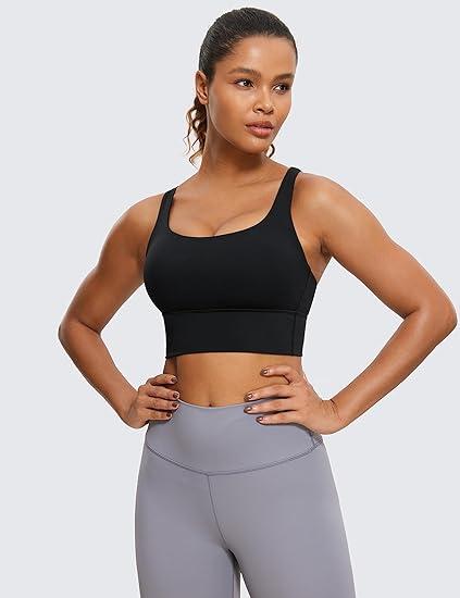 YOGA Naked Feeling Strappy Longline Sports Bras for Women - Medium Impact Criss Cross Yoga Padded Workout Crop Top, (Small, Black)