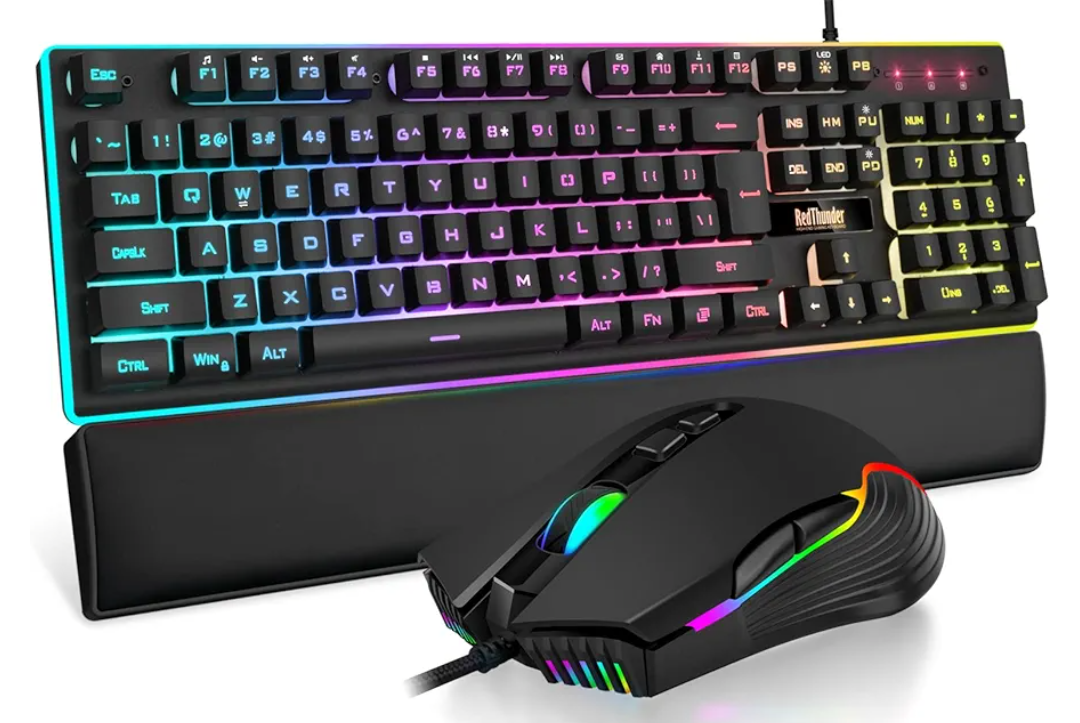 RedThunder K10 Wired Gaming Keyboard and Mouse and Wrist Rest Combo, RGB Backlit, Mechanical Feel Antighosting Keyboard + 7D 7200 DPI Mice+Soft Leather Wrist Rest 3 in 1 PC Gamer Accessories(Black)