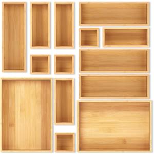 Bamboo Drawer Organizer Set, 14 PCS Multi-Use Individual Wood Storage Organizers, Junk Drawer Divider and Storage Trays Containers for Kitchen, Bathroom, Office Desk, Makeup, Jewelry, Utensils