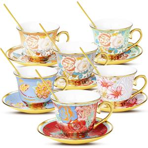 Tea Cups and Saucers Sets of 6, 8 Oz Floral Tea Cups with Spoons Ceramic Cup and Saucer Set for Cappuccino, Espresso, Coffee, Cafe, Latte, Tea for Tea Birthday (Large)