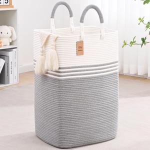 Laundry Basket Hamper,Blanket Storage,Dirty Clothes Hamper with Swivel Handles,Woven Cotton Rope Toy Baskets,Blanket Basket Living Room,Decorative Hampers for Nursery,Bedroom,White & Gray,60L