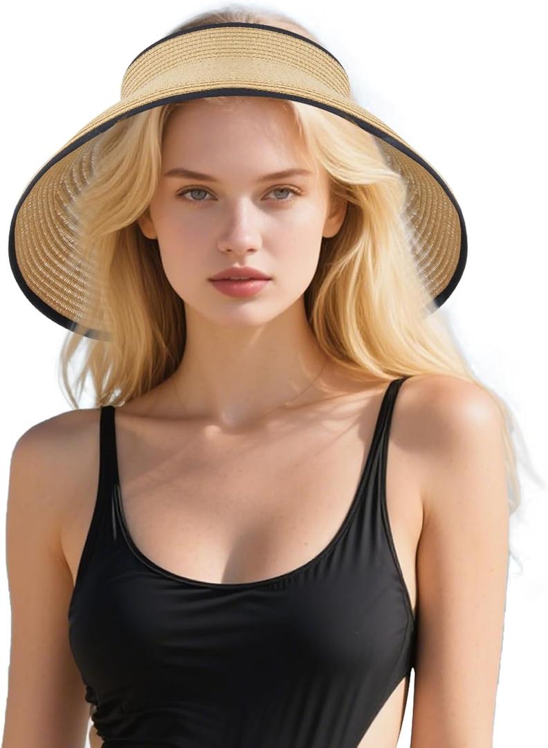 Sun Visor Hats Wide Brim for Women Ponytail Hat Straw Beach Hat Foldable UPF 50+ UV Protection (Medium, Khaki)