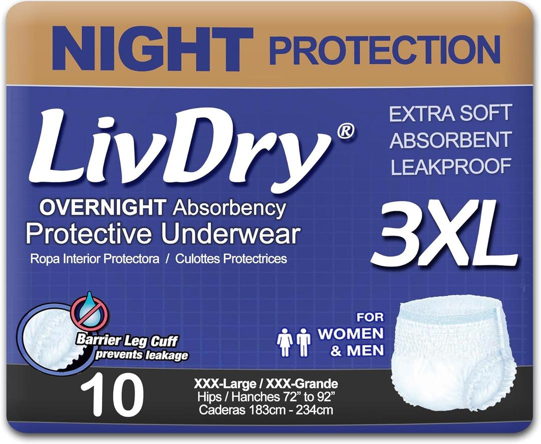 LivDry 3XL Overnight Adult Diapers for Women and Men, XXXL Incontinence Underwear, 72-92" Waist, Disposable Pull-On Briefs, XXX-Large, 10 Count