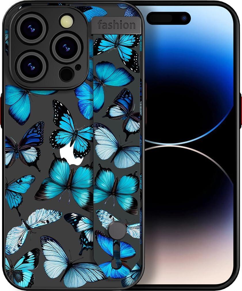 Compatible for iPhone 15 Pro Max Case Cute with Stand/Drop Protection Slim Strap Kickstand Phone Cover for Women Girls Promax/Blue Butterflies Butterfly Animal