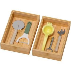 Lixple Bamboo Drawer Organizer, Cutlery Silverware Organizer for Kitchen Drawer, Stackable Utensil Organizer, 2 Pcs Flatware Organizer for Drawer, Wooden Storage Box Tray (Bamboo, 9 X 6 X 2 Inch) (Yellow)