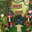 2 Pcs Wonderland Tea Party Decorations Don't Step Signs with 50 Mini Rainbow Pompoms Vintage Do Not Step Cutouts Wonderland Decor for Spring Birthday Fairy Tea Party Lawn Garden Outdoor