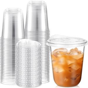 LemonRoad 50 Sets Plastic Cups with Strawless Sip Lids, Thickened Round Bottom PET Disposable Clear Cups for Iced Coffee Smoothie Cold Beverage Coffee Shops and Party Catering(Clear,14 oz)