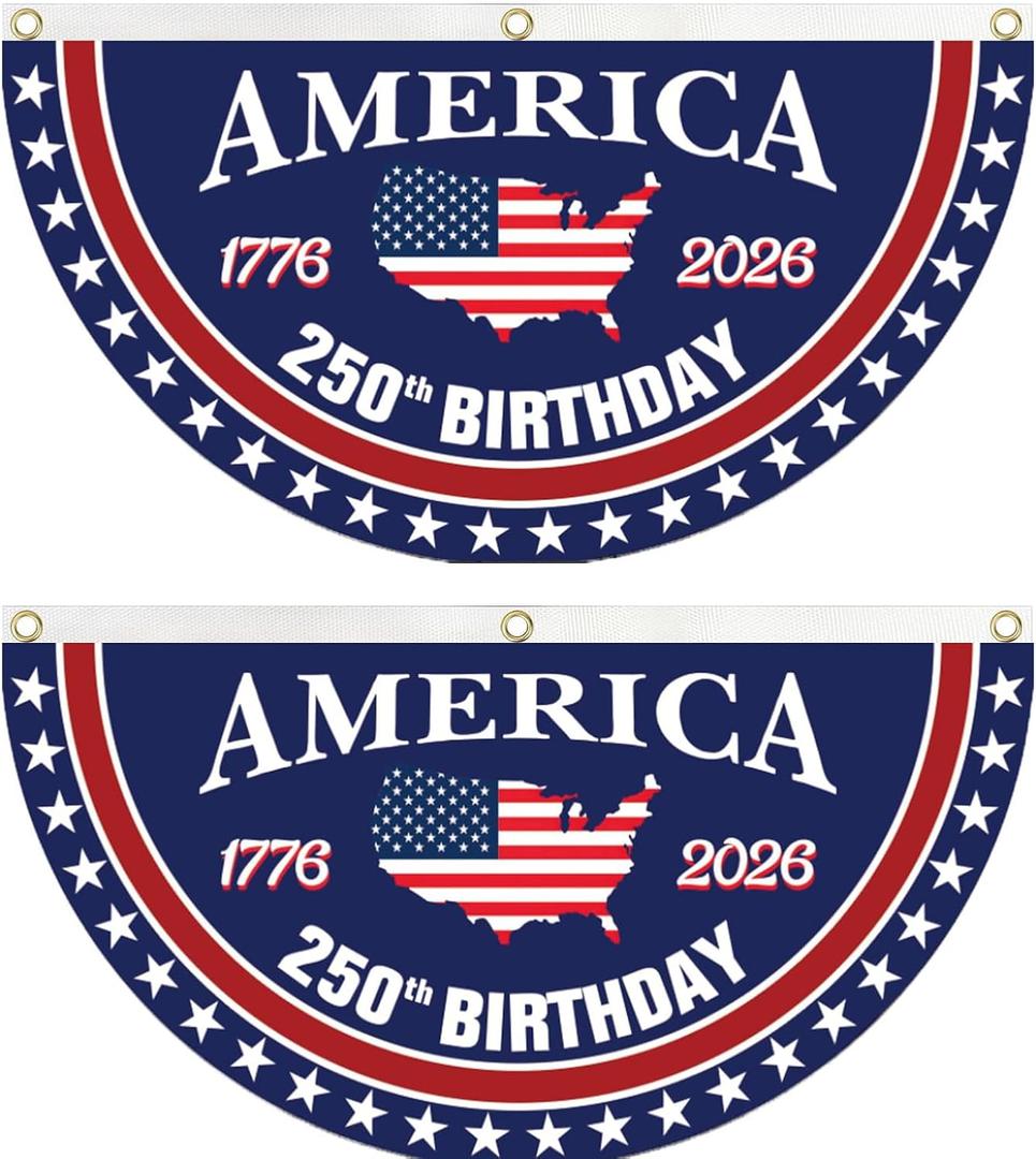 WENWELL 250 year anniversary Birthday Bunting Flag, Patriotic USA Anniversary Fan Banner 1776-2026, 2x4 FT, Navy Blue Red White, with Brass Grommets 2 Pack