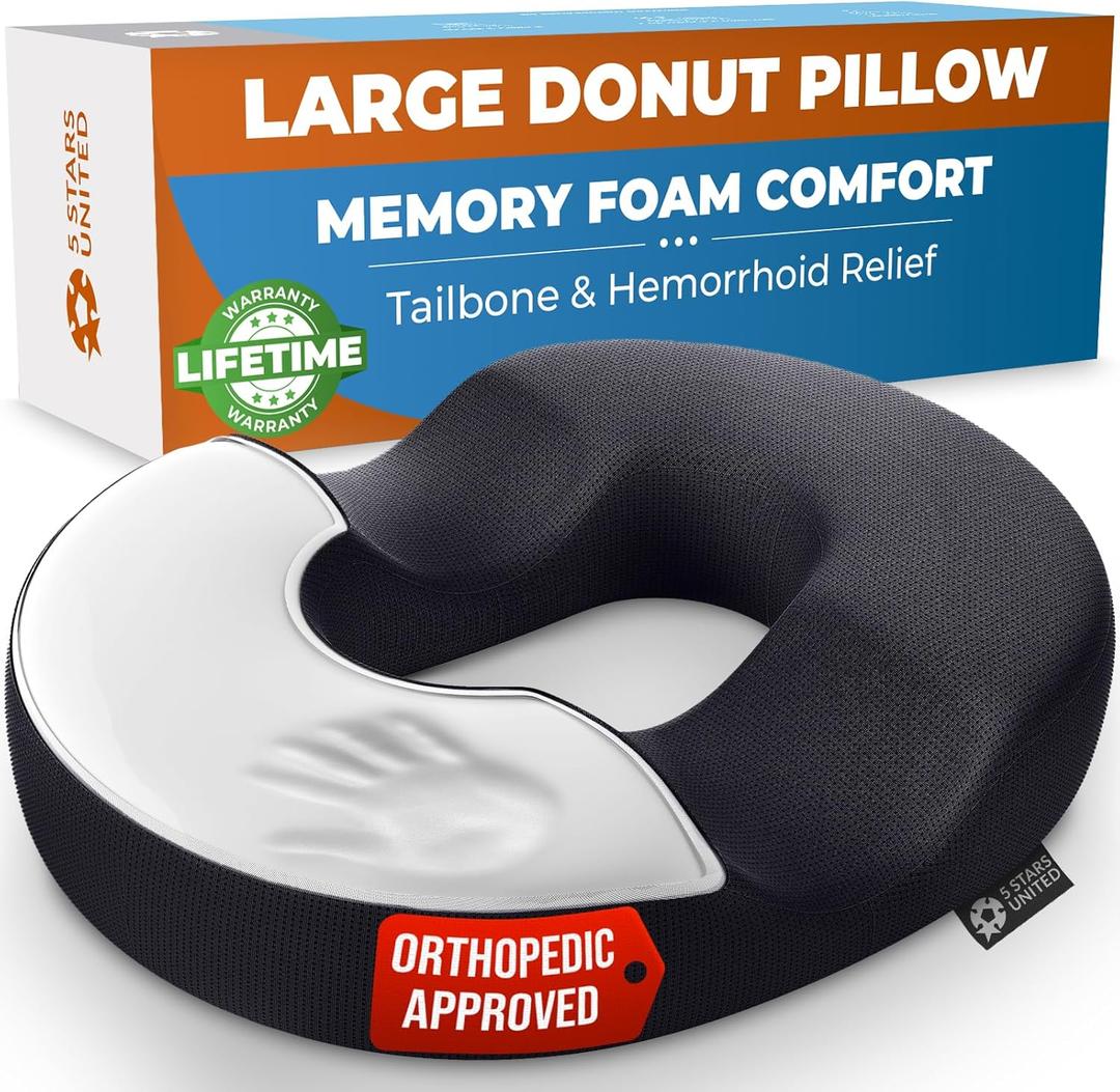 5 STARS UNITED Donut Pillow Hemorrhoid Tailbone Cushion  Large Cushion for Pain Relief  Coccyx, Prostate, Sciatica, Pelvic Floor, Pressure Sores, Pregnancy, Postpartum Recovery, Black