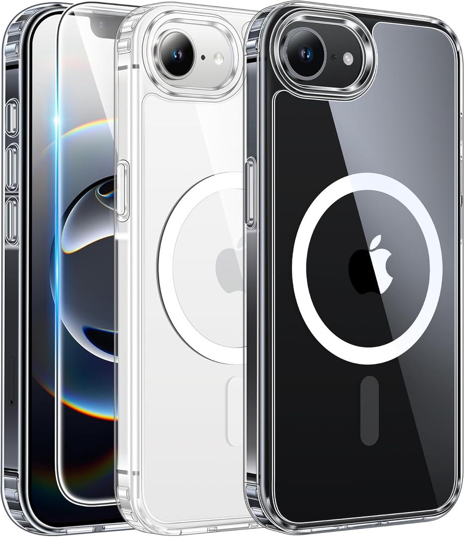 FNTCASE for iPhone 16e Case Clear: Magnetic Phone Cases with Screen Protector Compatible with Magsafe Slim Anti Yellowing Rugged Shockproof Protective Transparent Cell Phone Cover (A-Clear)
