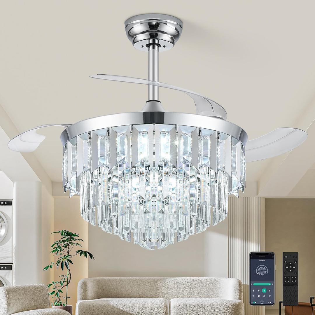 48" Fandelier Ceiling Fan with Light, Crystal Chandelier Fan with Retractable Blades Dimmable Crystal Ceiling Fan Chandelier for Bedroom Living Room Dining Room-Chrome