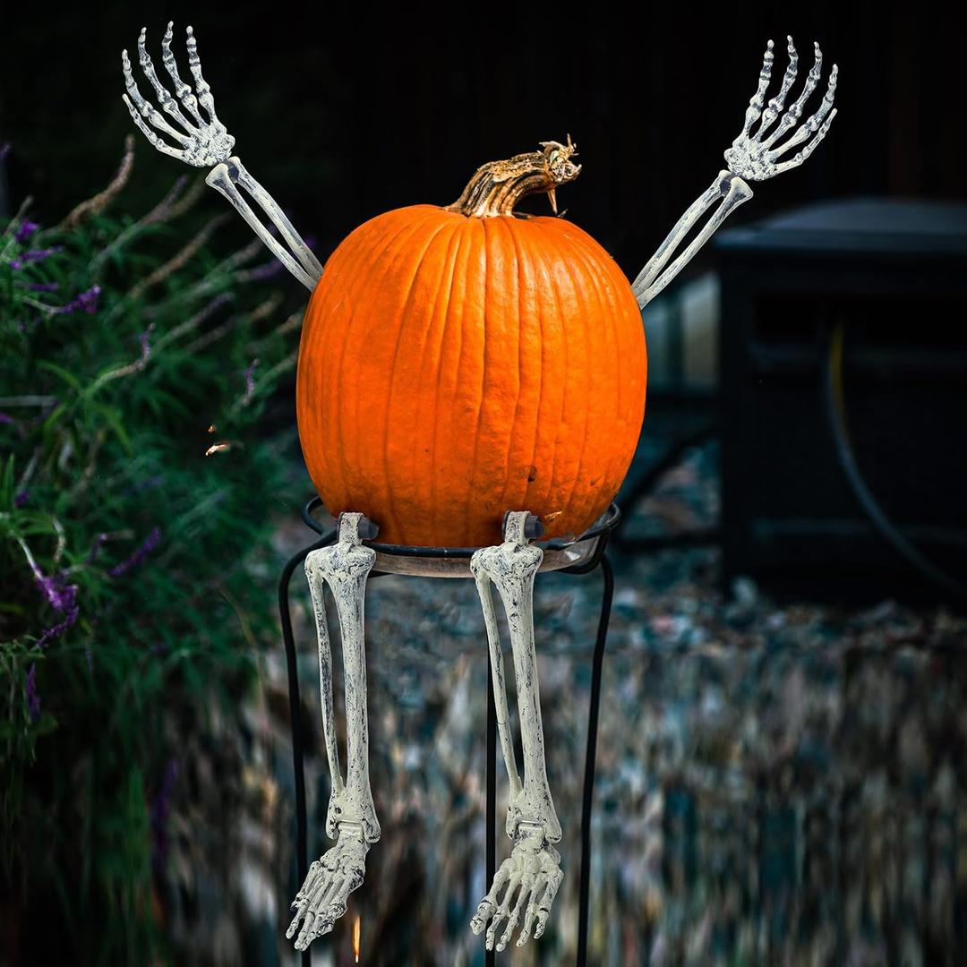 WinnerWhy Set of 4 Pumpkin Arms and Legs, Outdoor Halloween Pumpkin Decor Plastic Bones Skeleton Decoration with Movable Posable Joints for Outdoor Halloween Party Decor