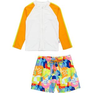 SwimZip Boys' Long Sleeve Rash Guard & Swim Shorts Set - UPF 50+ Sun Protection (18-24 Months, Joyful)