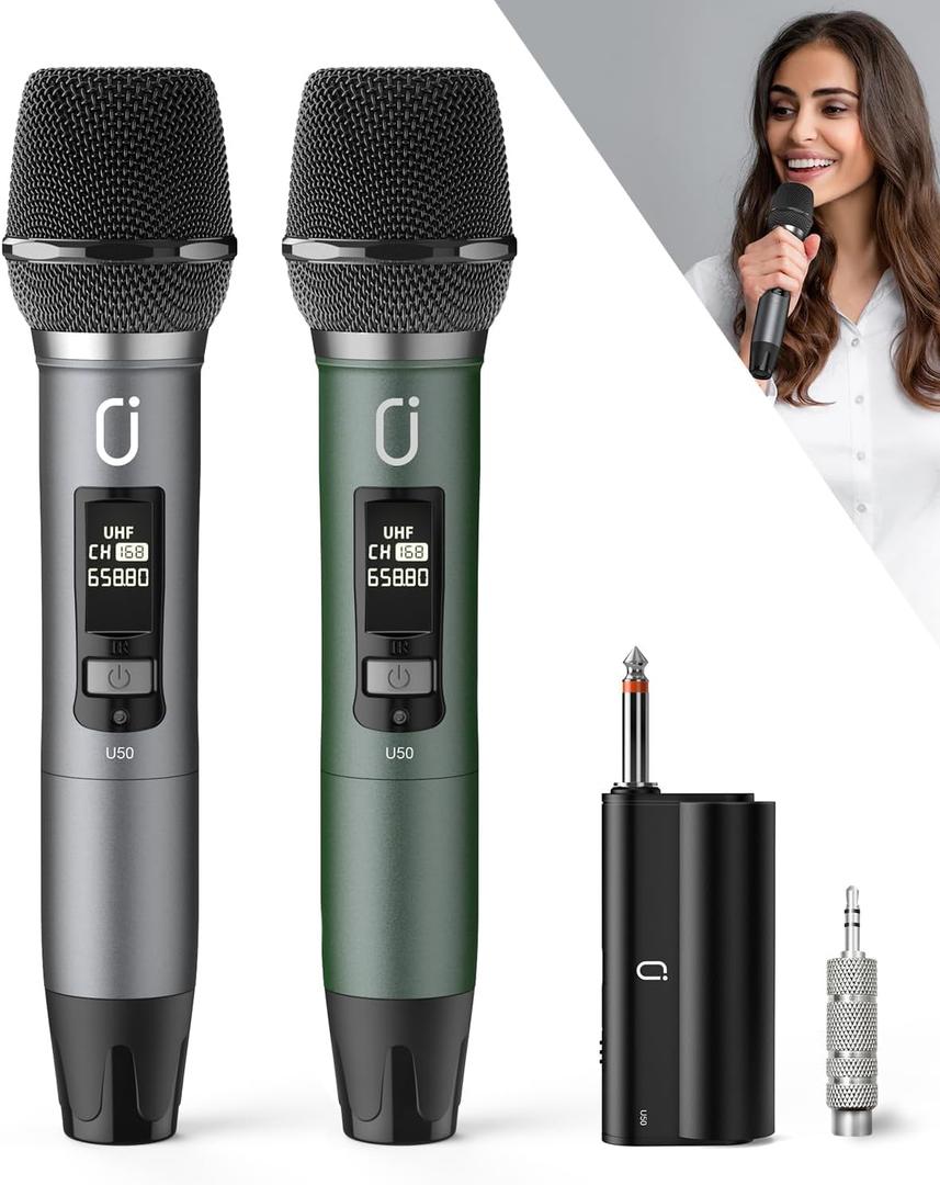 HWWR Wireless Microphones, Professional UHF Dual Microphones for Karaoke, Wireless Dynamic Microphone System Set with Rechargeable Receiver,Plug and Play, Speech, Wedding, Church, PA System (Green)