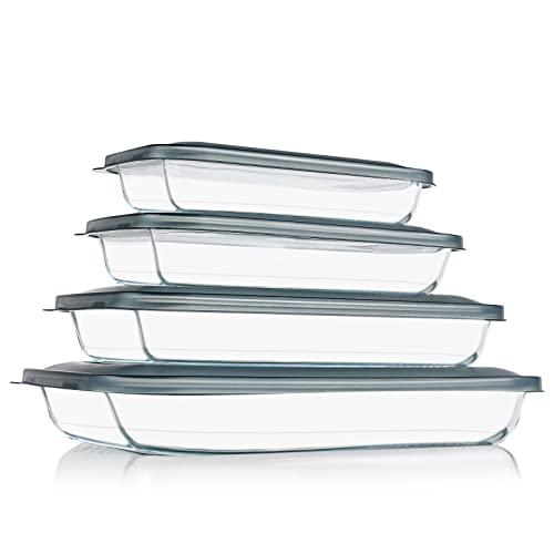 KOMUEE 8 Pieces Glass Baking Dish with Lids Rectangular Glass Baking Pan Bakeware Set with Lids, Baking Pans for Lasagna, Leftovers, Cooking, Kitchen, Fridge-to-Oven, Gray