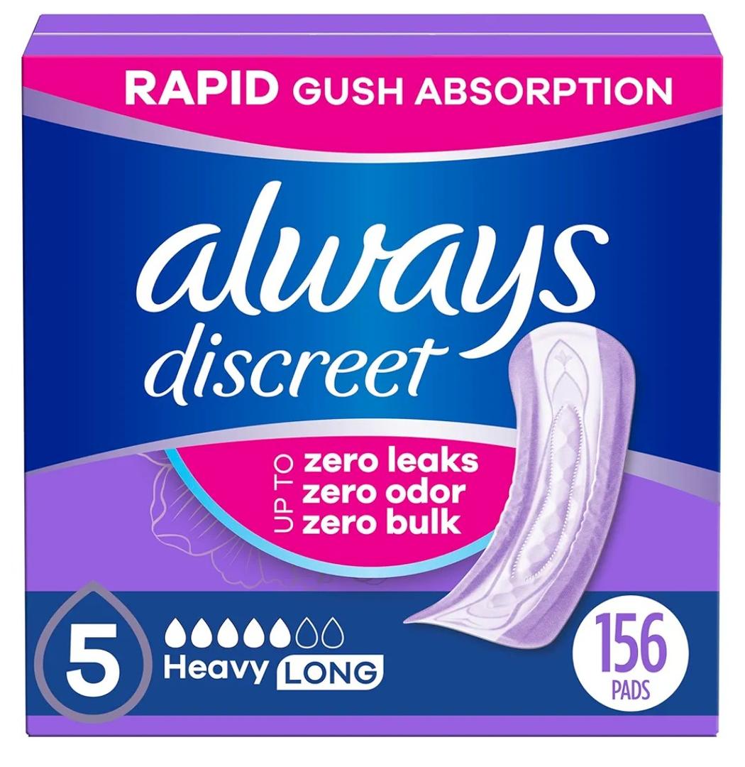 Always Discreet Adult Incontinence Pads for Women, Heavy Absorbency, Long Length, Postpartum Pads, 156 Count (4 Packs of 39)
