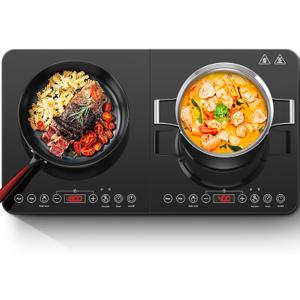 Aobosi Double Induction Cooktop,Portable Induction Cooker with 2 Burner Independent Control,Ultrathin Body,10 Temperature,1800W-Multiple Power Levels,4 Hour Timer,Safety Lock