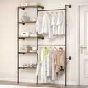 Industrial Pipe Clothing Rack, Wall Mounted DIY Garment Rack with 2 Adjustable Rod & 5 Shelves, Heavy Duty Closet Organizers System in Wardrobe Closet, Black