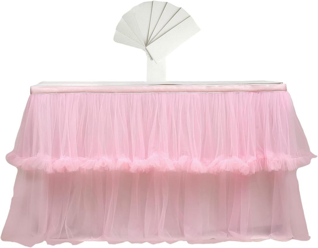 Rismart Tulle Tutu Table Skirt Cover Pink,76 H x L 190 cm