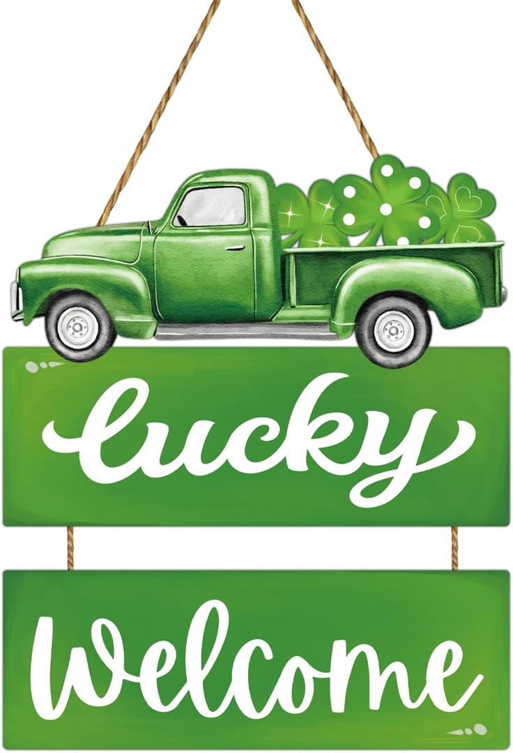 St Patricks Day Wreath St Patricks Day Door Decorations Green Truck Hanging Decor Wooden Wreaths for Front Door Hanger Lucky Welcome sign for Wall Indoor Home Decor